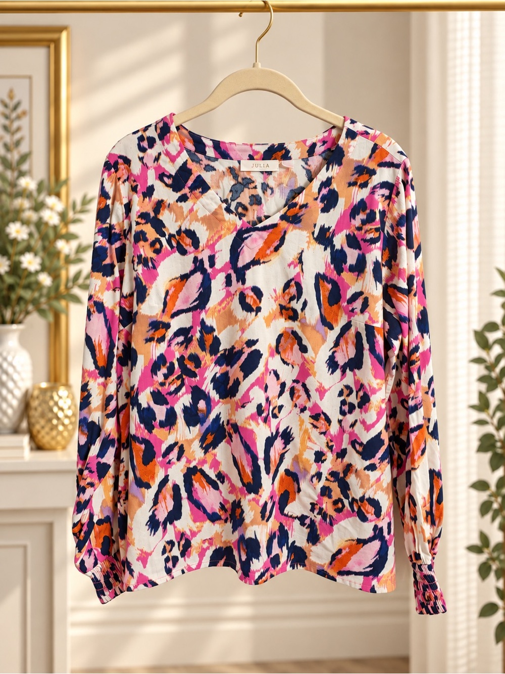 Belle by Kim Gravel Abstract Floral Ikat Blouse Multicolor Large A693690